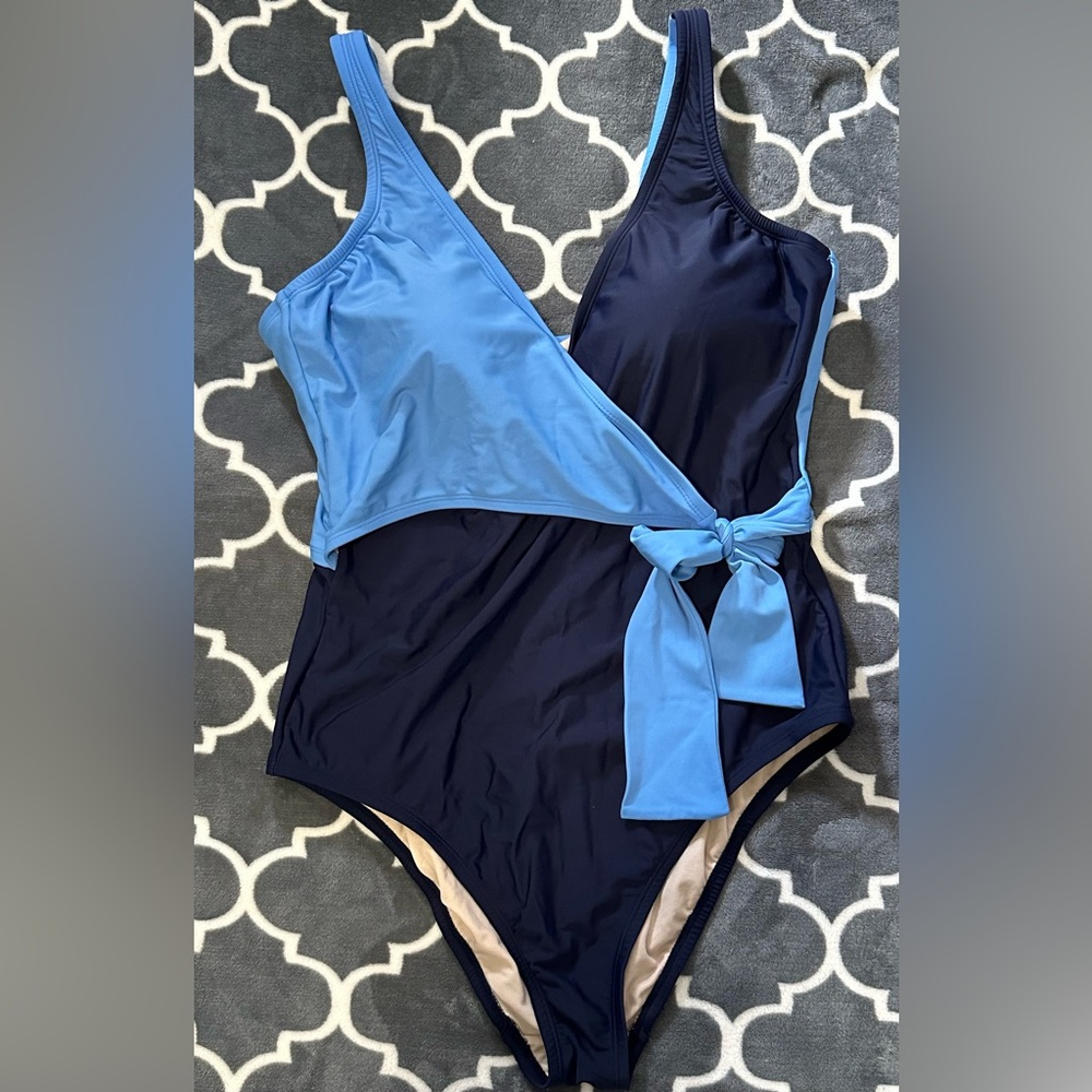 Kona Sol Women's One Piece in Navy and Sky Blue, padded shelf bra